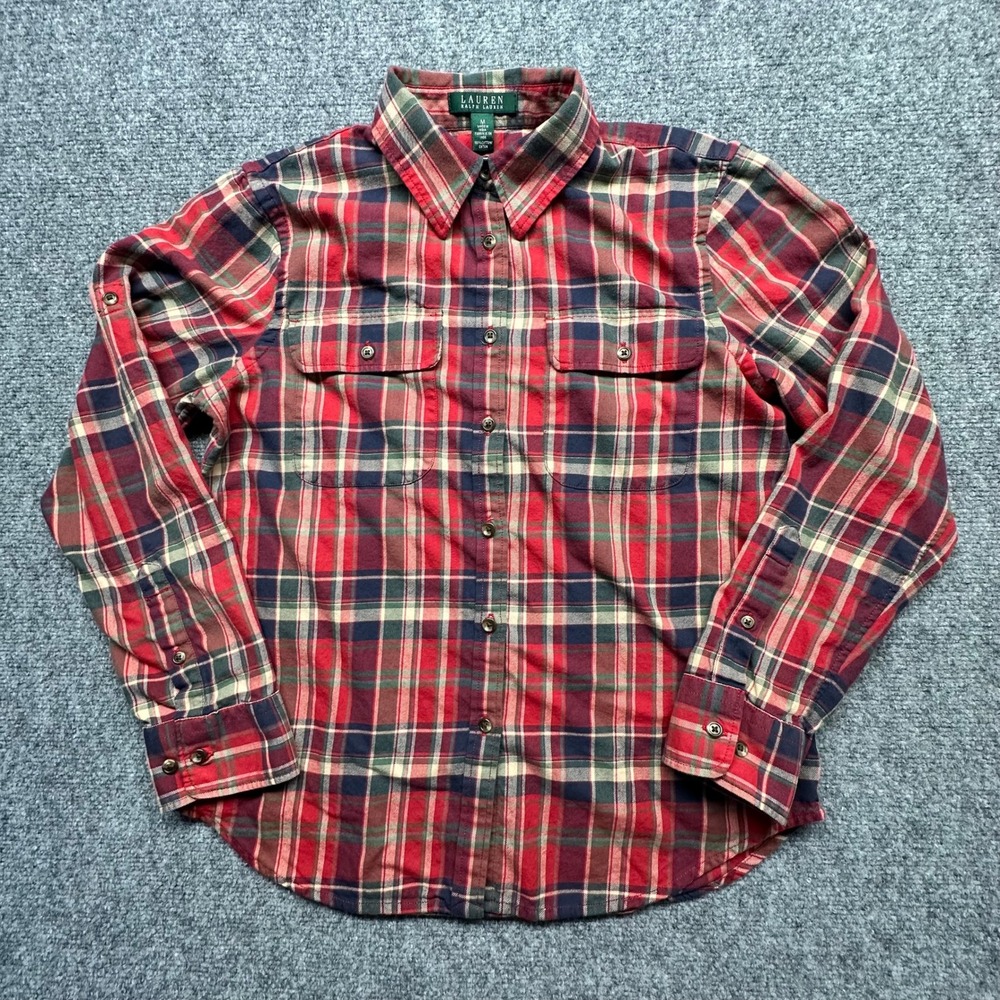 Lauren Ralph Lauren Plaid Flannel Womens M Red Green‎ Blue Button Up Pockets
